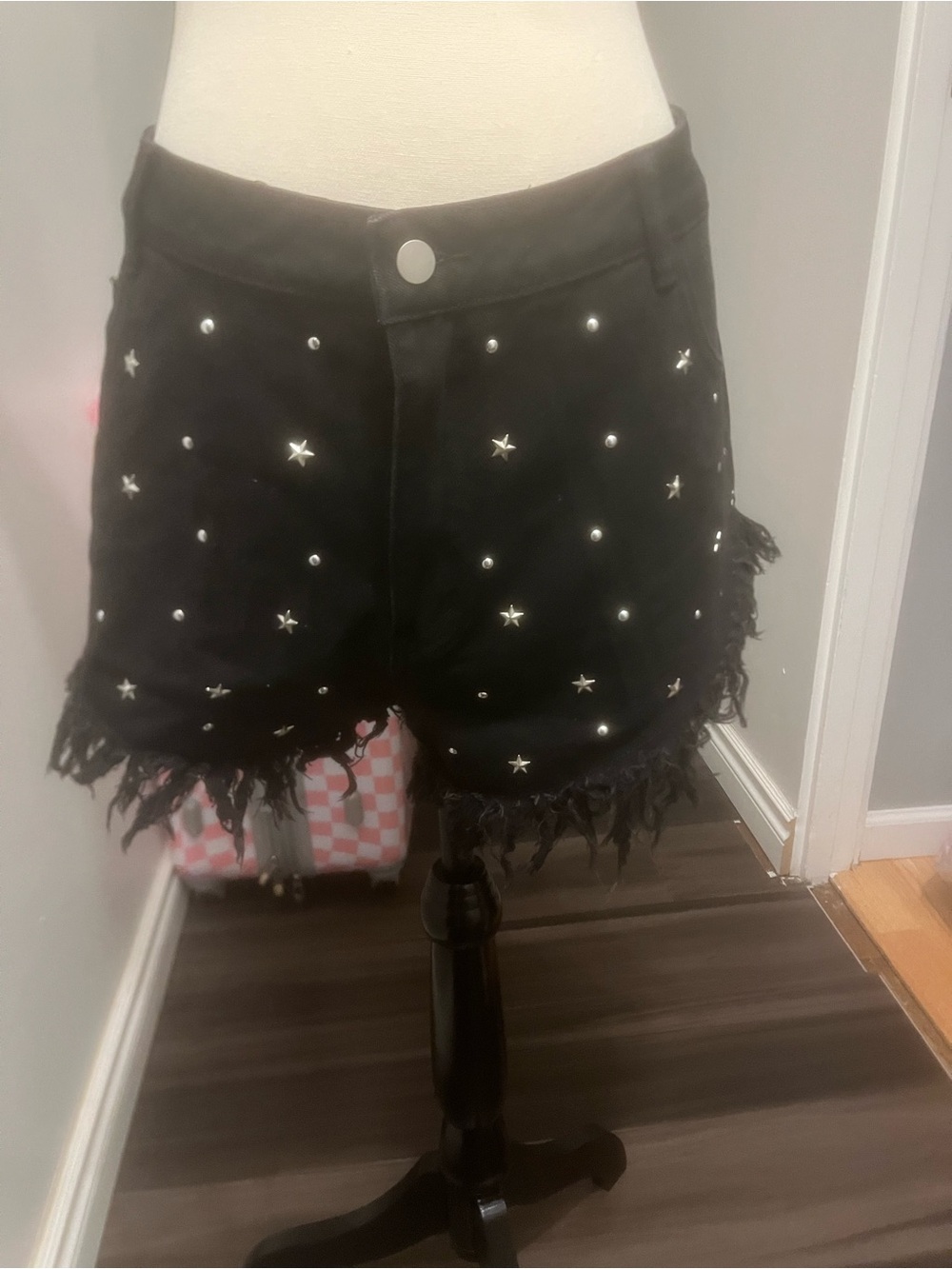 SHEIN Black Star & Silver Stud Frayed Hem Denim Shorts